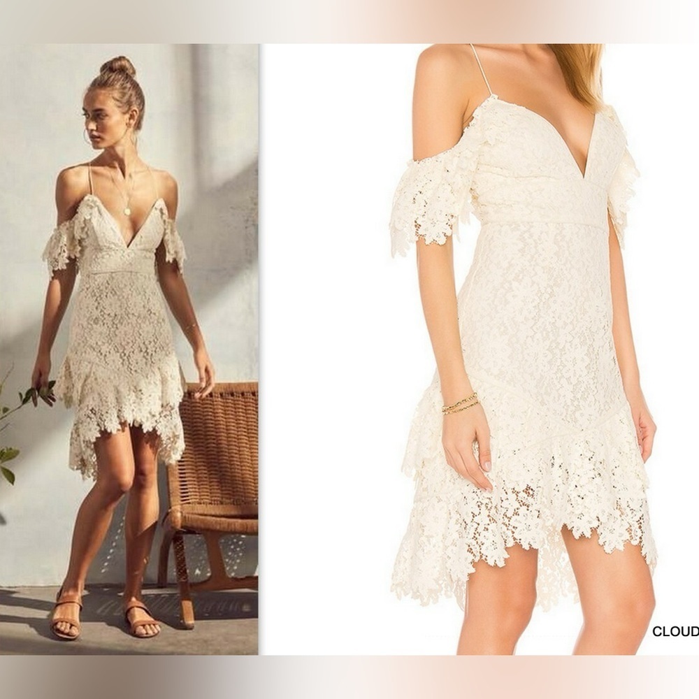 Saylor Dana Dress in White Cream Coated Lace Off the Shoukder Ruffled Size S
